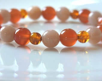 Sacral Chakra Bracelet, Amber Carnelian Peach Moonstone Mala