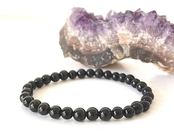 Black Agate Beaded Bracelet, Spiritual Healing Gemstone, 6mm Round