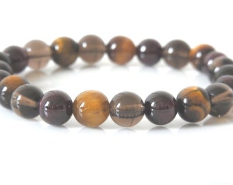 Tiger's Eye, Garnet & Smoky Quartz Gemstone Bracelet - Handmade Mala