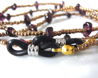 Garnet and Gold Colour Glass Beads Elegant Eye Glasses Chain, Gemstone Reading Glasses Cord - Red and Gold UK seller