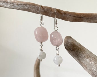 Dangle Rose Quartz and Moonstone Handmade Healing Gemstone Earrings - Pink. UK seller