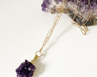 Handmade Amethyst Gemstone Necklace – Gold-Filled Paperclip Chain