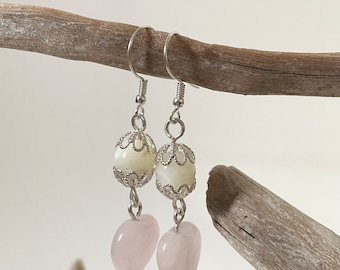 Handmade Rose Quartz Earrings – Sterling Silver, Mother of Pearl Dangles