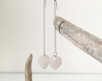 Sterling Silver Rose Quartz Heart Dangle Earrings – Handmade Gemstone Jewelry