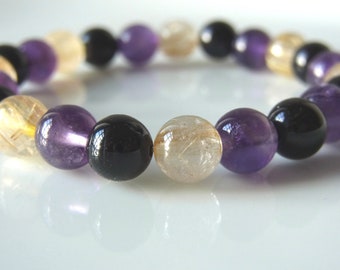 Black Tourmaline Amethyst Rutilated Quartz Bracelet - Crystal Healing Mala