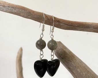 Dangle Black Tourmaline and Labradolite Handmade Healing Gemstone Earrings - Sterling Silver Fish Hook Earrings