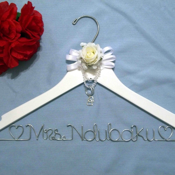Personalized Wedding Dress Hanger with Rose, Mrs Hanger, Wedding Day Hanger