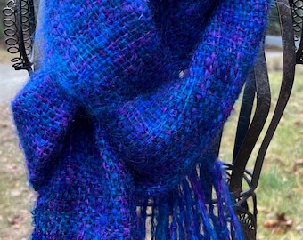 Handwoven Mohair Scarf space-dyed in Purple & Raspberry, Handmade in the USA