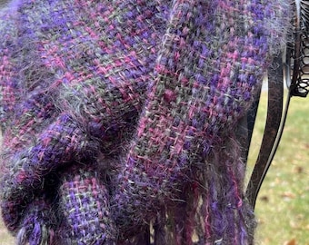 Handwoven Mohair Scarf space-dyed in Purples & Greens, Handmade in the USA