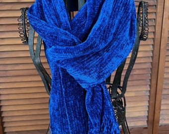 Handwoven Rayon Chenille Scarf in Sapphire Blue, Handmade in the USA