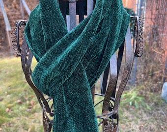 Handwoven Rayon Chenille Scarf in Hunter Green, Velvet Feel, Long & Wide, Made in USA