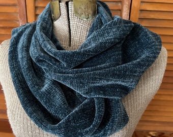 Handwoven Rayon Chenille Scarf in Gray Blue, Jacket Length