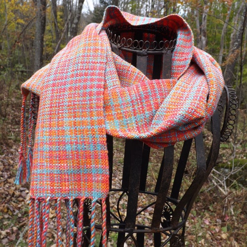 Cotton Handwoven, Hand Dyed Scarf in Tangerine, Watermelon & deals Sky Blue