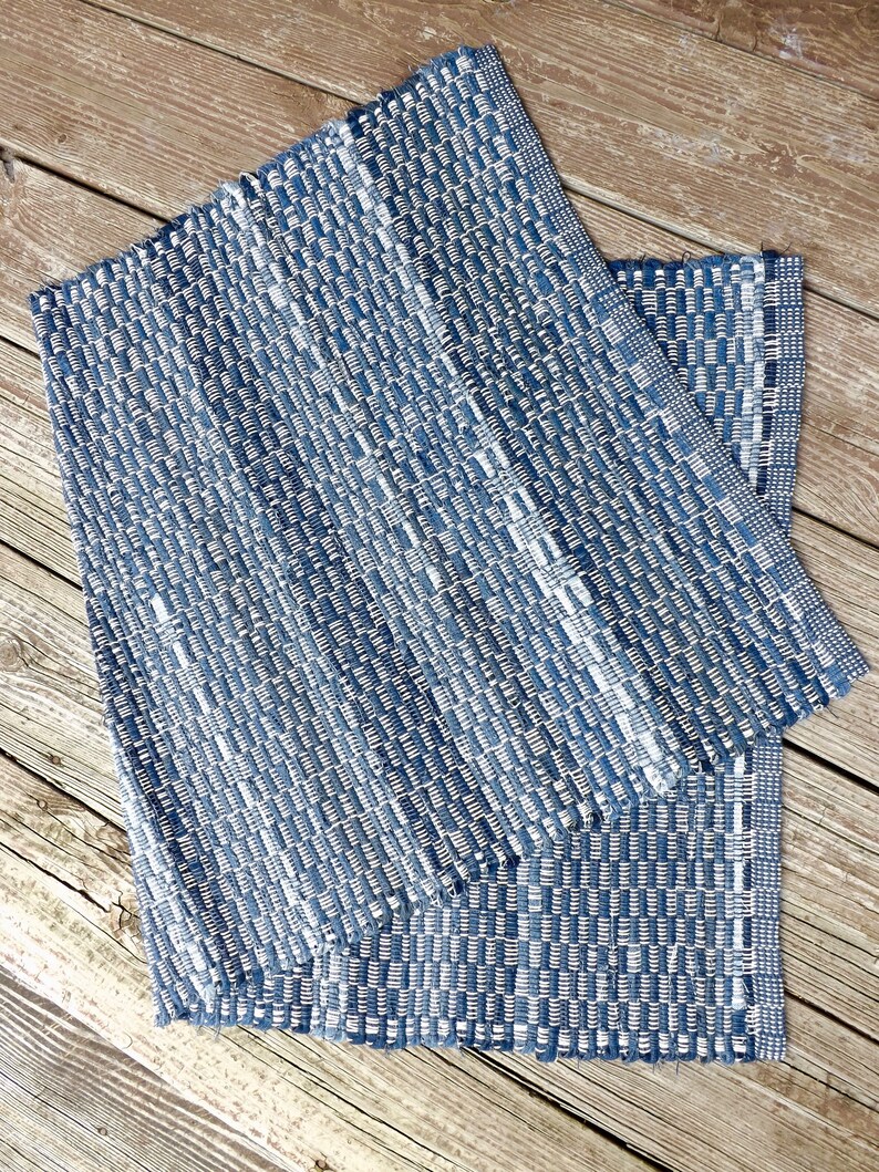 Handwoven Denim Rag Rug In Blues Handmade Rustic Log Cabin Image 0