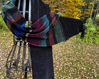 Handwoven Rayon Chenille Scarf in Black & Horizantial Stripes