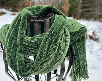 Handwoven Rayon Chenille Scarf in Green, Made in the USA, Free Domestic Shipping