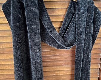 Handwoven Rayon Chenille Scarf in Charcoal Gray, Jacket Length