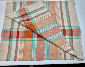 Handwoven Dish Towel, Oranges, Aqua, Blue, Tea Towel, in Cotton and Linen blend