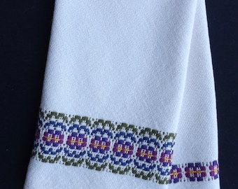 Handwoven Cotton Guest Towel: Floral Border, Handmade USA