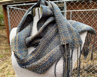 Handwoven Tencel ™ Loycell Scarf in Navy, Turquoise, Straw, Made in the USA