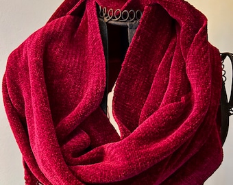 Handwoven Rayon Chenille Scarf: Burgundy Red Velvet Feel