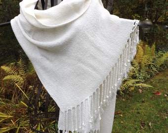 Handwoven Wrap, Stole in White Rayon Boucle