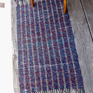 Handwoven Cotton Rag Rug in Navy, Gold & Burgundy, 24" x 41" plus fringe, made in the USA, free domestic shipping