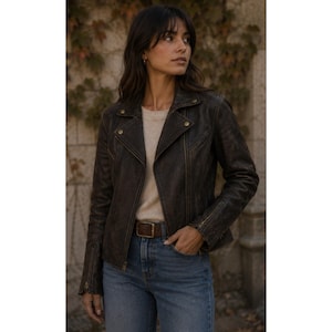 May include: A dark brown distressed leather motorcycle jacket with a notched lapel, asymmetrical front zipper, and zippered cuffs. The jacket is worn over a beige ribbed knit sweater and blue denim jeans with a brown leather belt at the waist.