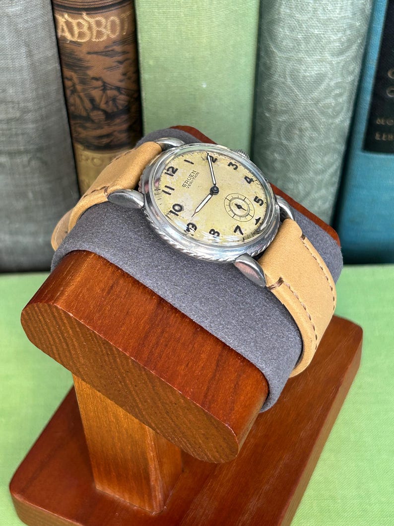 Vintage 1950s Gruen Veri-Thin Submarine Stainless Steel watch and small seconds patina dial. brown leather band.  Running, serviced, keeps time, working.