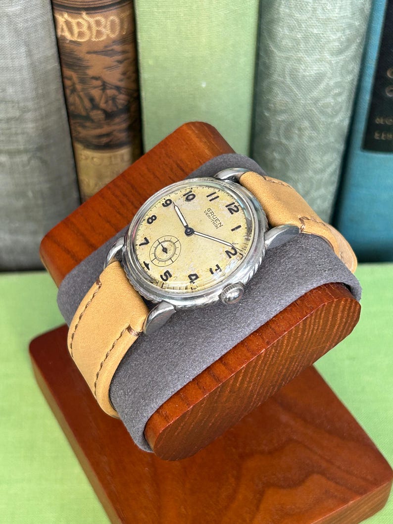 Vintage 1950s Gruen Veri-Thin Submarine Stainless Steel watch and small seconds patina dial. brown leather band.  Running, serviced, keeps time, working.