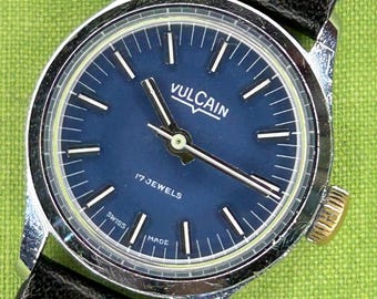 Vintage 1970's Lady's Vulcain Swiss watch.  Blue dial.  Serviced and running! Keeps time.
