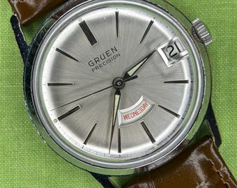 Vintage watch 1960's Gruen Precision Day-Date.  Serviced, Running, keeps time! Ready to wear