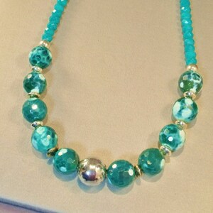 Bright Sea Green Veined Agate With Bold Sterling Silver Accented Statement Necklace, Gemstone Necklace, Beaded Necklace