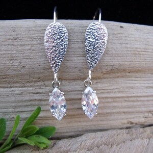 Handcrafted Textured Sterling Silver & Clear Marquis CZ Earrings.
