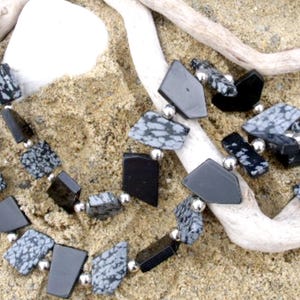 Irregular Shaped Black & Snowflake Obsidian Sterling Silver Necklace, Gemstone Necklace, Handcrafted Necklace, Beaded Necklace