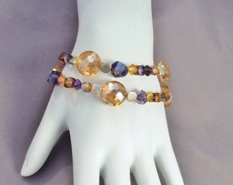 Grape & Gold Crystal Wrap Bracelet, Handcrafted Crystal With Silver Accents Wrap Bracelet, Crystal Statement Bracelet