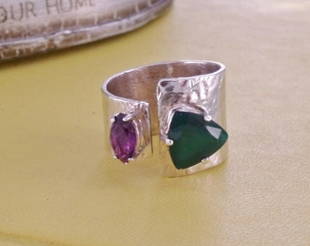 Adjustable Hammered Sterling Silver Dark Green Agate & Purple Amethyst Handcrafted Ring