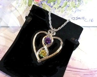 Wedding Heart Bridal Pendant Couples Birthstones Gemstone Necklace Pendant Wire Wrapped Handmade in Silver