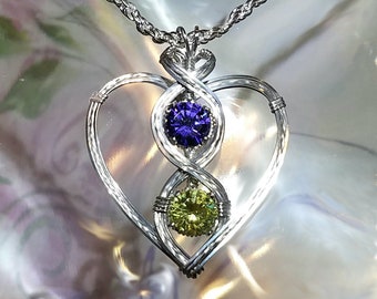 Two Hearts Birthstone Pendant Engagement Wedding Necklace Gift For Her Wire Wrapped Handmade in Silver