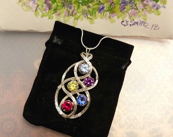 Mom and Child Birthstone Necklace Pendant With Multiple Birthstones Handmade in Silver