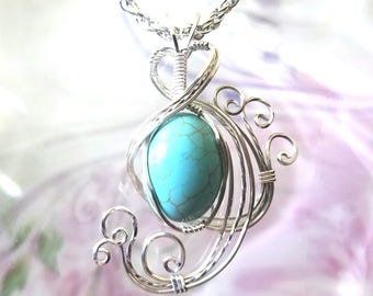 Turquoise Howlite Womans Pendant Wire Wrapped Jewelry Handmade in Silver With Free Shipping