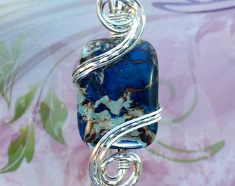 FREE SHIPPING Deep Blue Sea Jasper Pendant Necklace Wire Wrapped Jewelry Handmade in Silver