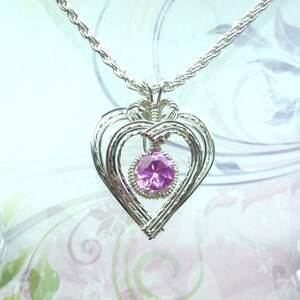 Nested Heart You Choose Birthstone Womans Pendant Necklace Handmade Wire Wrap Jewelry in Silver FREE SHIPPING