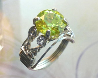 Green Peridot Ring Wire Wrapped Womans Jewelry Handmade in Silver with Free Shipping