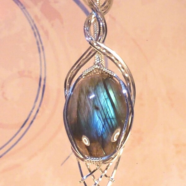 Blue Green Flash Labradorite  Womans Statement Pendant Necklace Wire Wrapped Jewelry Handmade in Silver FREE SHIPPING