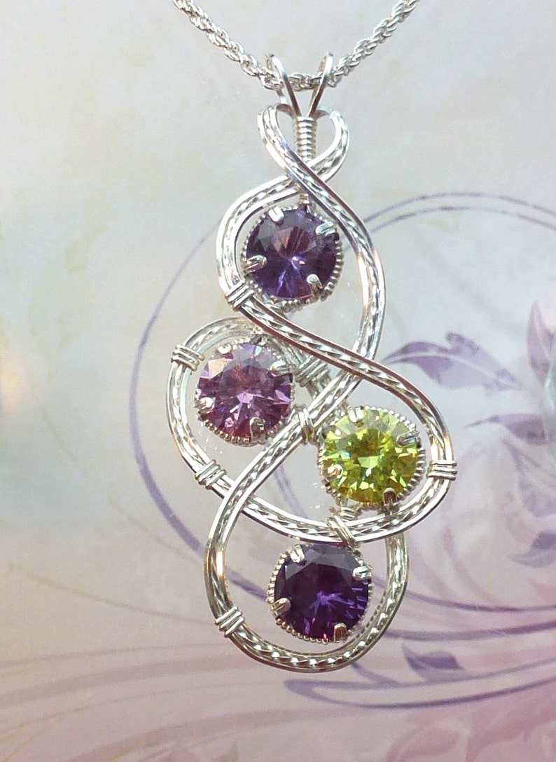 Mom and Child Birthstone Necklace Pendant With Multiple Birthstones Handmade in Silver image 2
