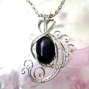 Dark Blue Goldstone Womans Pendant Wire Wrapped Jewelry Handmade in Silver With Free Shipping