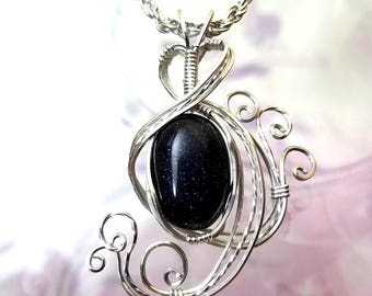 Dark Blue Goldstone Womans Pendant Wire Wrapped Jewelry Handmade in Silver With Free Shipping