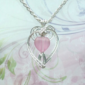 Heart Shaped Pink Womans Pendant Wire Wrapped Jewelry Handmade in Silver with FREE SHIPPING image 1