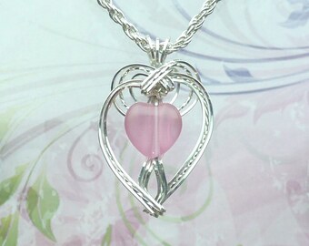 Heart Shaped Pink Womans Pendant Wire Wrapped Jewelry Handmade in Silver with FREE SHIPPING